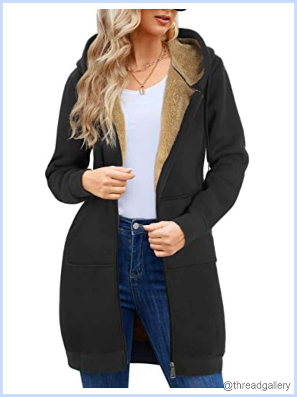 Women Long Fleece Hoodie Sherpa Lined Zip Up Sweatshirt Winter Coat